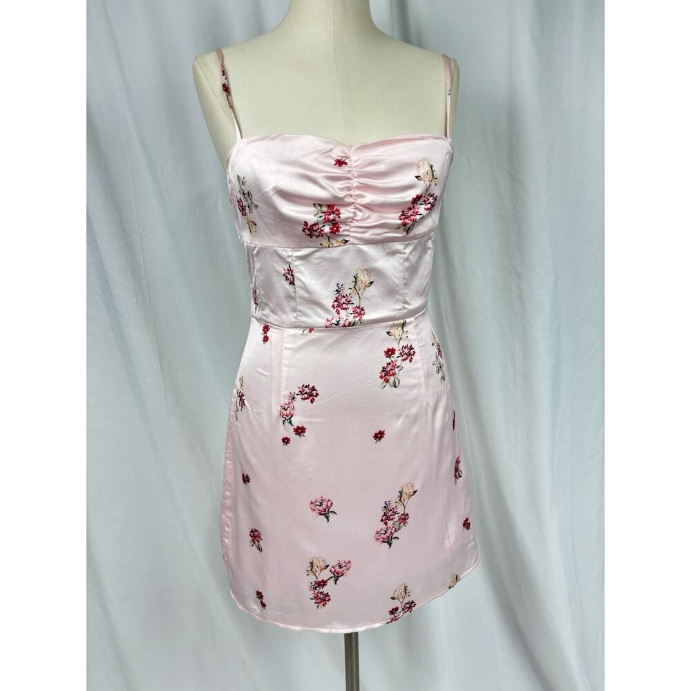 Princess Polly Women’s 4 Satin Pink Satin Mini Dress Spaghetti Strap Floral Y2K